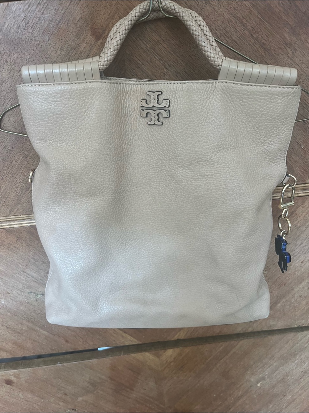 Tory Burch Cream Leather Tote with Braided Top Handle